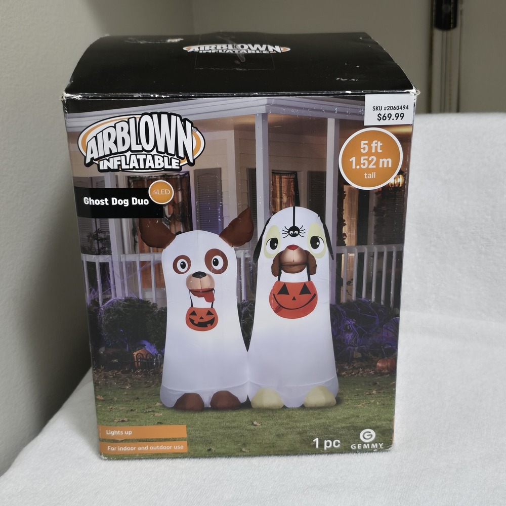 Gemmy Halloween Airblown Inflatable Ghost Dog Duo 5' LED Indoor / Outdoor